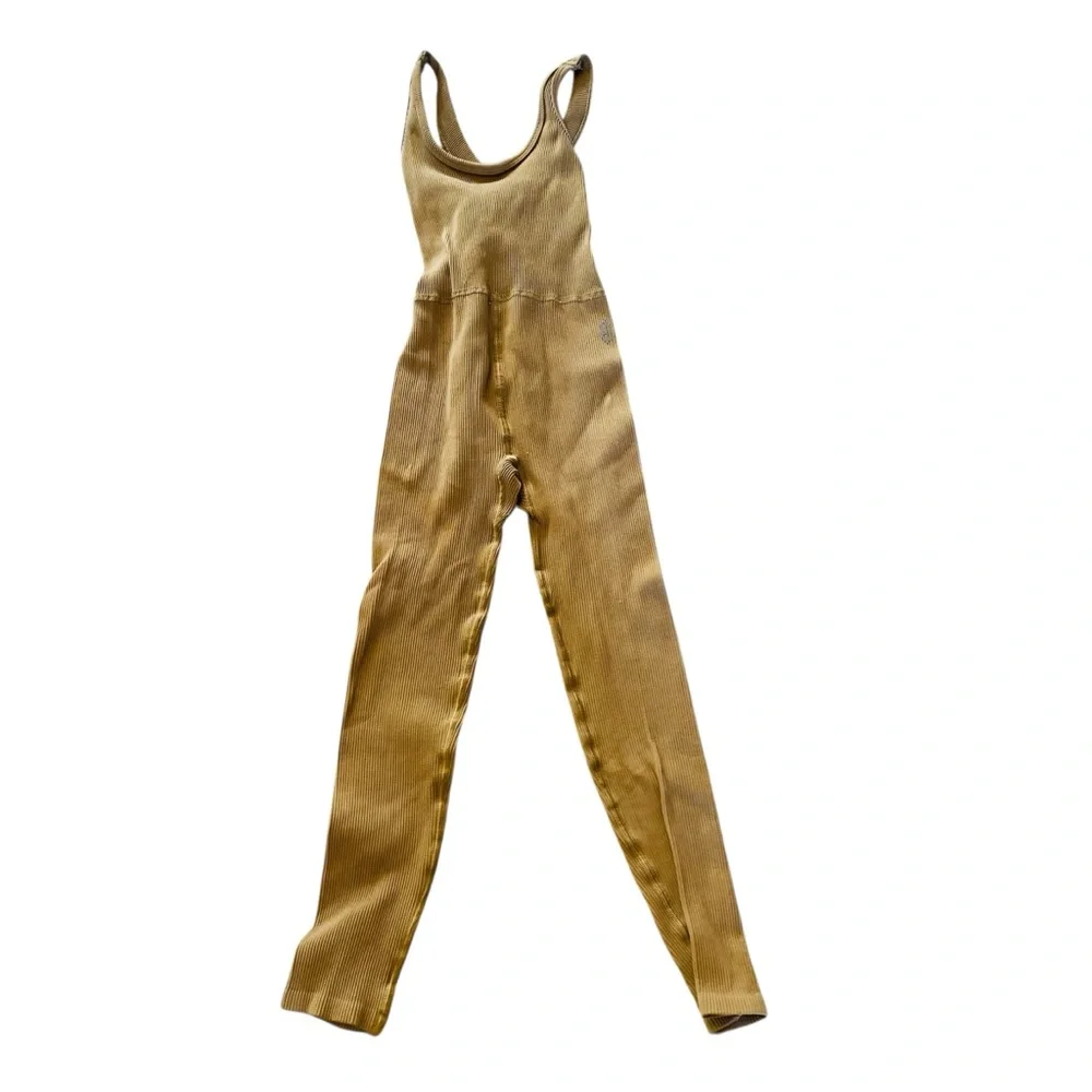 Free People Movement Free Throw Ribbed Onesie Jumpsuit in Mushroom Tan XS